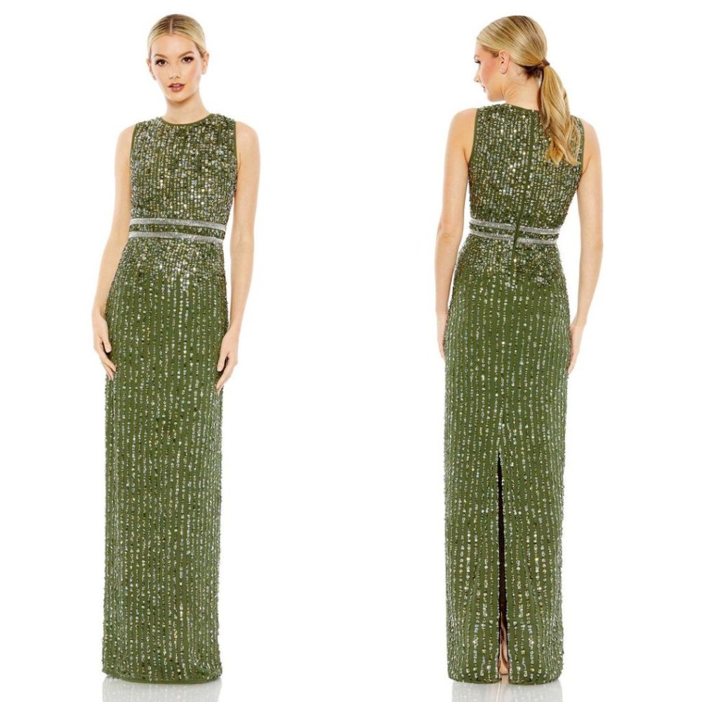 Mac Duggal Sleeveless Sequin Column Gown Olive Green 93603 Size 10